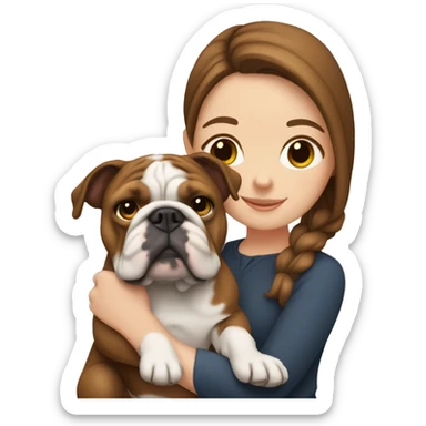 White girl with brown hair holding English bulldog sticker