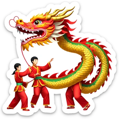 Cinematic Realistic scene of a traditional Chinese Dragon Dance featuring a team of performers skillfully manipulating a colossal, flexible dragon puppet, its intricately detailed, vibrant scales and flowing, embroidered fabric catching the light, set against a festive backdrop of red lanterns and dynamic red-tinged lighting that accentuates the majestic presence of the dragon puppet. sticker