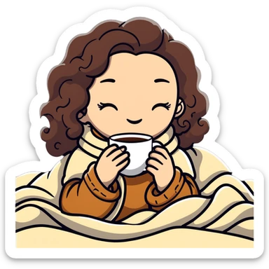 White girl with curly brunette hair inside a blanket sipping coffee with eyes closed, cozy winter morning sticker