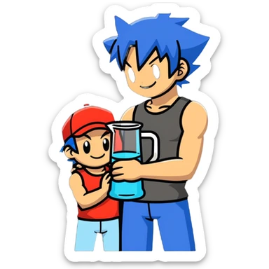 Hot handsome muscular 6ft 5inch tall smiling happy fun shirtless Ash Ketchum hugging his best friend while using a large glass in the shape of a beaker with a wide bottom and long thin neck sticker
