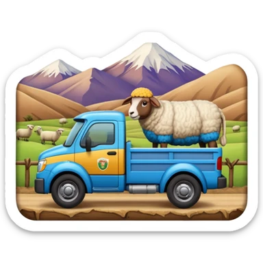 3D emoji of a Peruvian truck transporting sheep in the back, wooden cargo bed, Andes mountain landscape, dusty countryside road, glossy finish, bold outlines, vibrant natural colors, sticker design, transparent background sticker