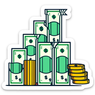 upward green arrow next to a tall growing stack of dollar bills and coins sticker