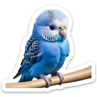 Cinematic Cute Blue Budgie Portrait Emoji, Head tilted playfully and inquisitively, featuring a brilliant blue feathered fur with a natural sheen, round, sparkling dark eyes filled with curiosity, Simplified yet irresistibly adorable features, highly detailed, glowing with a warm, friendly glow, high shine, affectionate and lively, stylized with a touch of whimsy, bright and endearing, soft glowing outline, capturing the essence of a mischievous yet loving budgie, so playful it feels like it could chirp out of the screen and into your arms! sticker