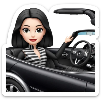 Darth Vader Barbie, 1910 teen Morticia Addams from academy, in dark-gray and black striped outfit. Smiling Driving Mercedes convertible sports car. Pale-white porcelain skin.  sticker