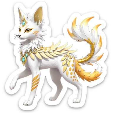 Epic complex fantasy glorious detailed futuristic divine godly angelic feathery sunny, white, albino, pastel, golden, orange glowing sparkly, realistic Fakémon-Sprigatito-Floragato-Meowscarada-Trico-Sergal-Serval-Solgaleo-Vernid-creature (full body) solarpunk, shiny sparkly with a gold laurel sticker