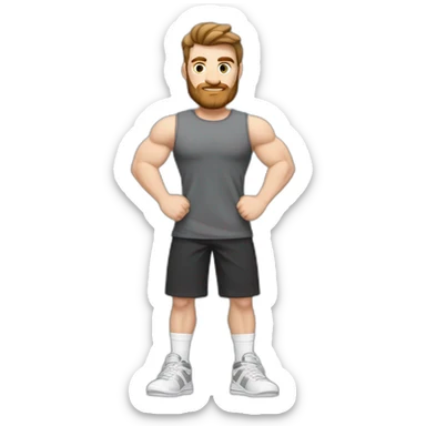 Full height Pale skinned fit man With biceps, brown hair and short beard In dark gray sleeveless mike, black oversize sports shorts, watch and white sneakers. his arms crossed over his chest sticker