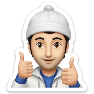 generate a pretty bratz emoji of ranbir kapoor wearing a white cap and doing a thumbs up sticker