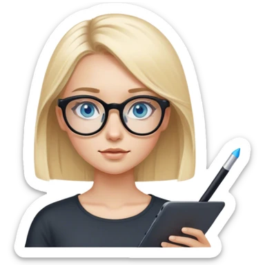 
girl with medium-length blond hair, fair skin and blue eyes in black rounded glasses with a graphics tablet sticker