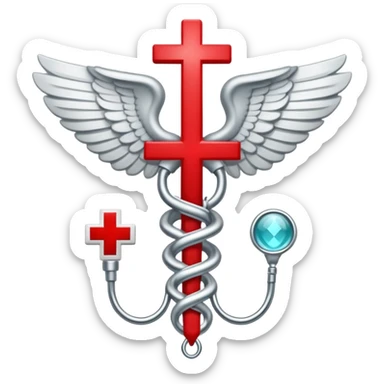 An icon featuring a caduceus (The Hygeia Vessel), a red cross, symbolizing medicine. The design includes medical tools and symbols, representing healthcare, diagnosis, and healing practices. Transparent background highlights the profession and study of medicine. sticker