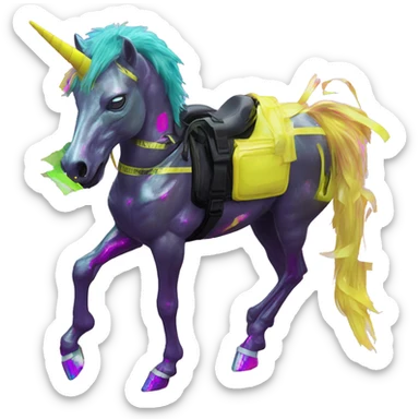 .Zombie_ Vaporwave black holographic oilslick zombie unicorn yellow caution tape graffiti Pegasus with  prosthetic leg  sticker