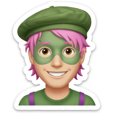 pink haired man with full full face green clay mask and a hat sticker