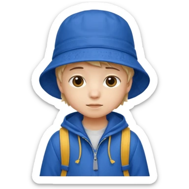 Little student wears blue bucket hat and jacket, backpack, shy sticker