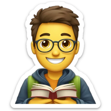 joven estudiante con todos sus libros que son muchos, de piel blanca muy feliz y sonriente con un libro en sus manos, y sobre su cabeza, atiborrado de libros sticker