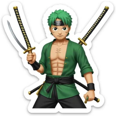 Has a zoro de one piece con sus tres katanas más epico en pocision de ataque y estilo anime  sticker