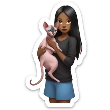 A girl with long black hair holds a pink sphinx cat with blue eyes in her arms sticker