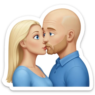 middle age bald man with salt and blonde scruff, blue eyes and blonde woman with blue eyes kissing each other sticker