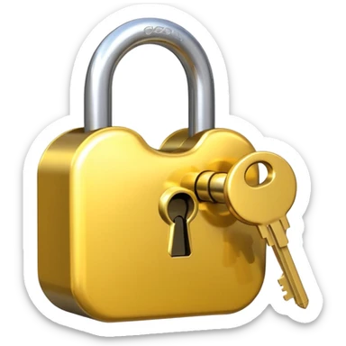A shiny golden closed padlock with a silver key inserted into the keyhole, centered on a plain background. The lock is smooth and rounded, emoji-like style with clean lines sticker