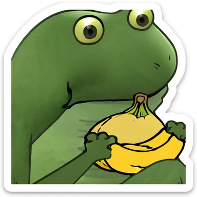 close-up of Pepe the frog eating a banana, bufo style meme sticker