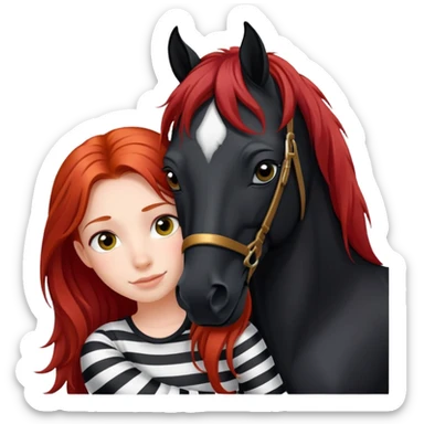 A red-haired girl with long hair in the form of a rider hugs a black horse with a white stripe on her face and he has a black mane sticker