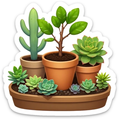 Close-up of a potted sapling in rich soil surrounded by vibrant plants and succulents. Bright sunlight filters through the window, casting soft shadows. Nearby gardening tools rest on a wooden table. Cozy indoor atmosphere with greenery and flowers. sticker