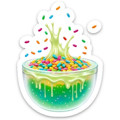 Cinematic Realistic Clear Slime Mixed with Sprinkles, ultra-transparent with suspended colorful candy-like specks, light refracting through each tiny piece, soft gelatinous texture catching highlights, stretching and bending in a mesmerizing way, glowing with a magical, almost surreal quality. sticker