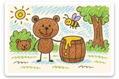 Create a 'find the three differences' version of this crayon-style cartoon bear and honey barrel scene. Make these three changes: 1) Add a second bear peeking from behind the bushes. 2) Change the shape or position of the honey spill on the barrel. 3) Move the bee to a different spot. Keep the style, colors, and layout consistent, resembling a crayon-style cartoon illustration. sticker