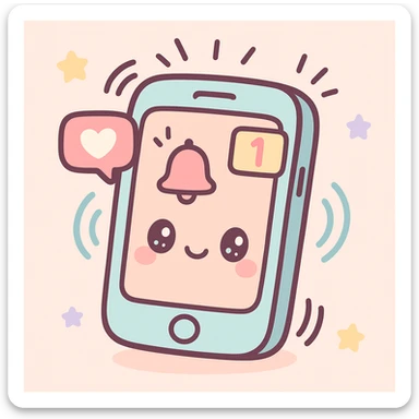 Make the cellphone look busy with multiple notification icons, vibrating lines, and a ringing effect, in kawaii chibi anime style with flat pastel colors, thick outlines, and simple cute features. sticker