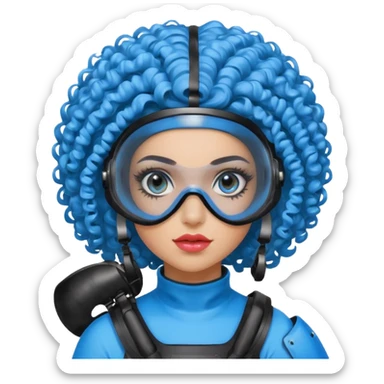 blue curly girl with huge earringswearing paintball with red paintball helmet with eye protection, only face  sticker