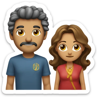 Un hombre y una mujer abrazándose de lado con sus caras juntas y ambos con los ojos cerrados y felices, el hombre de pelo color morocho y corto, la mujer de pelo largo, rojizo y con flequillo sticker