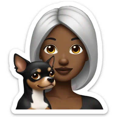 A curvy African American woman with dark skin and straightened black hair holding a black and brown chihuahua  sticker