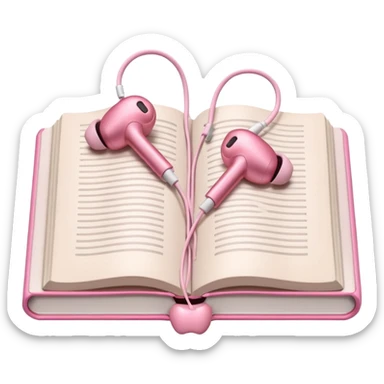  pink Pink Apple-style earbuds lying on an open book, soft pastel tones, cozy and minimal aesthetic, realistic lighting and shadows, top-down view, transparent background" sticker