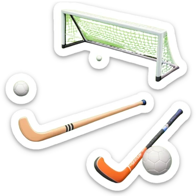 A field hockey stick and ball on a vibrant green grass field, with goalposts and clear field markings in the background. The scene emphasizes the bright, lush grass, highlighting the fast-paced and strategic nature of hockey on a well-maintained pitch. sticker
