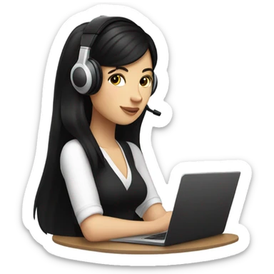 black hair white girl in a black headphones，sipping an iced Americano while holding a laptop sticker