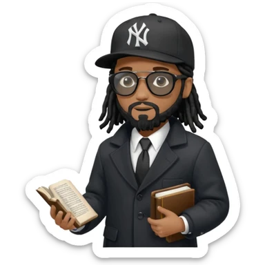 African American man with shoulder length black dreadlocks with black beard wearing black sunglasses wearing a black bubble winter coat wearing a black New York Yankees logo baseball cap wearing a suit and tie walking with a Bible sticker