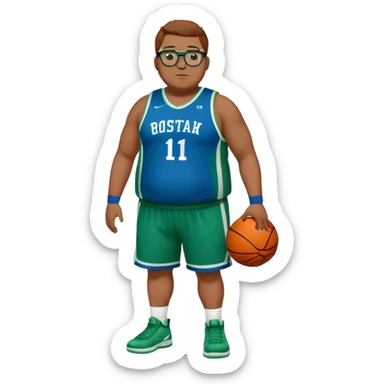 full body overweight tall white male basketball wearing glasses in blue an green uniform sticker