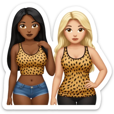 Tan Latina woman with long black hair chubby and black dark skinned woman with long blonde hair slim thick in cheetah top sexy sticker