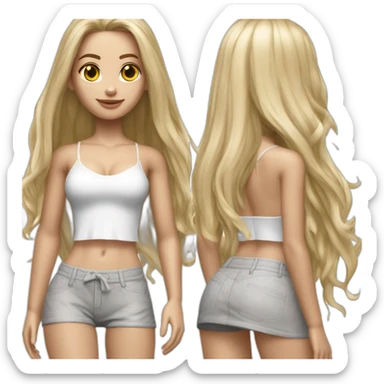 hyperrealist caucasian long straight hair blonde brown eyes white bikini top gray tight mini skirt black sneakers full body sticker