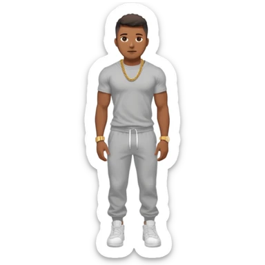 Handsome Black guy with brown skin tone, with muscular build, wearing gray sweatpants, a white t-shirt, white Air Force Ones sneakers, a small gold rope chain, and a gold watch  sticker