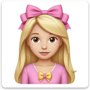 Create a custom emoji of a coquette-style girl with long blonde hair, brown eyes, fair skin, wearing a pink outfit with a cute bow in her hair. sticker