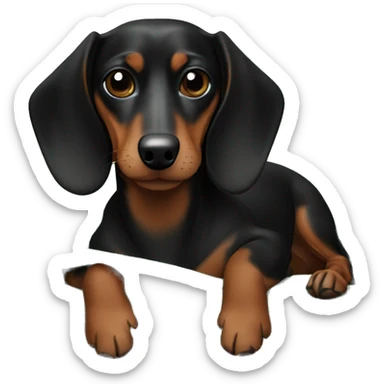 Black and brown dachshund laying on arm of a white sofa on top of a green blanket  sticker