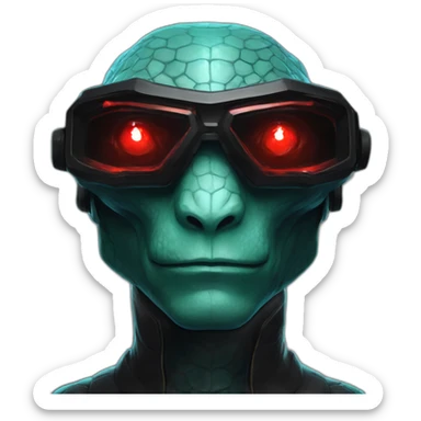 Aquamarine Reptilian with red lasers from the eyes in black suite in a black space sticker