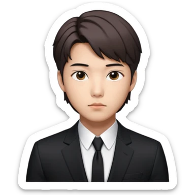 Create a Korean male idol in sleek black suit, side-swept hair & serious gaze, inspired by RM of BTS. sticker