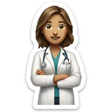 a full body medical student with arms crossed talking 20 years old girl student tan skin, brown hair sticker