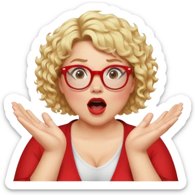 A blonde woman with short curly hair, slightly overweight, wearing red-framed glasses, shouting with hands cupped around her mouth sticker