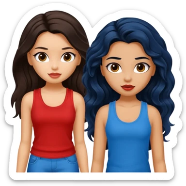 generate a pretty tan bratz girl with brown wavy hair long wearing a red tank top. talking to a girl with black hair wearing blue sticker