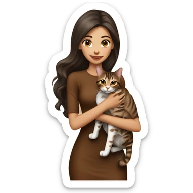 Beautiful skinny woman long dark brown hair in brown dress hug bengal cat sticker