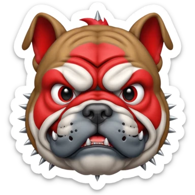Create a fierce bulldog head emoji facing forward.
Strong jaw, deep wrinkles, and an intense scowl.
slight underbite with two visible fangs.
Dark gray fur with bold highlights and shading for depth.
Add a thick spiked collar (red or black) with shiny metallic spikes.
 sticker