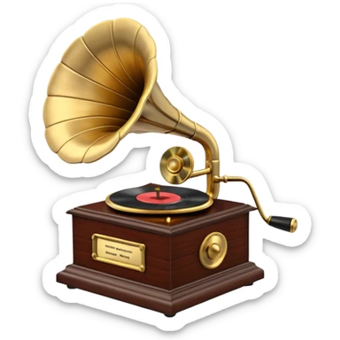 3D render of Gramophone, vintage 1980s audio equipment aesthetic, tactile analog buttons, polished brass gold horn with a dark mahogany wood base, mixed wood grain and brushed aluminum textures, Apple emoji style, isolated on white background --v 6.0 sticker
