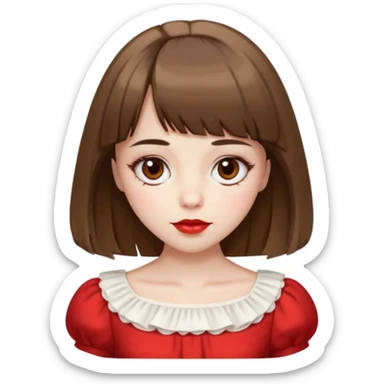 pale girl with chest-length straight brown hair, bangs above the eyebrows covering the forehead, brown eyes, red lips, V-shaped face, small thin nose, almond eyes, wearing a white bouffant dress sticker