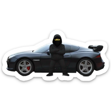 Far POV of a sleek sports car with a white roadman in a black ski mask driving, city streets blurred in the background. The entire car is visible, with the driver seen inside, creating an intense, fast-moving vibe sticker